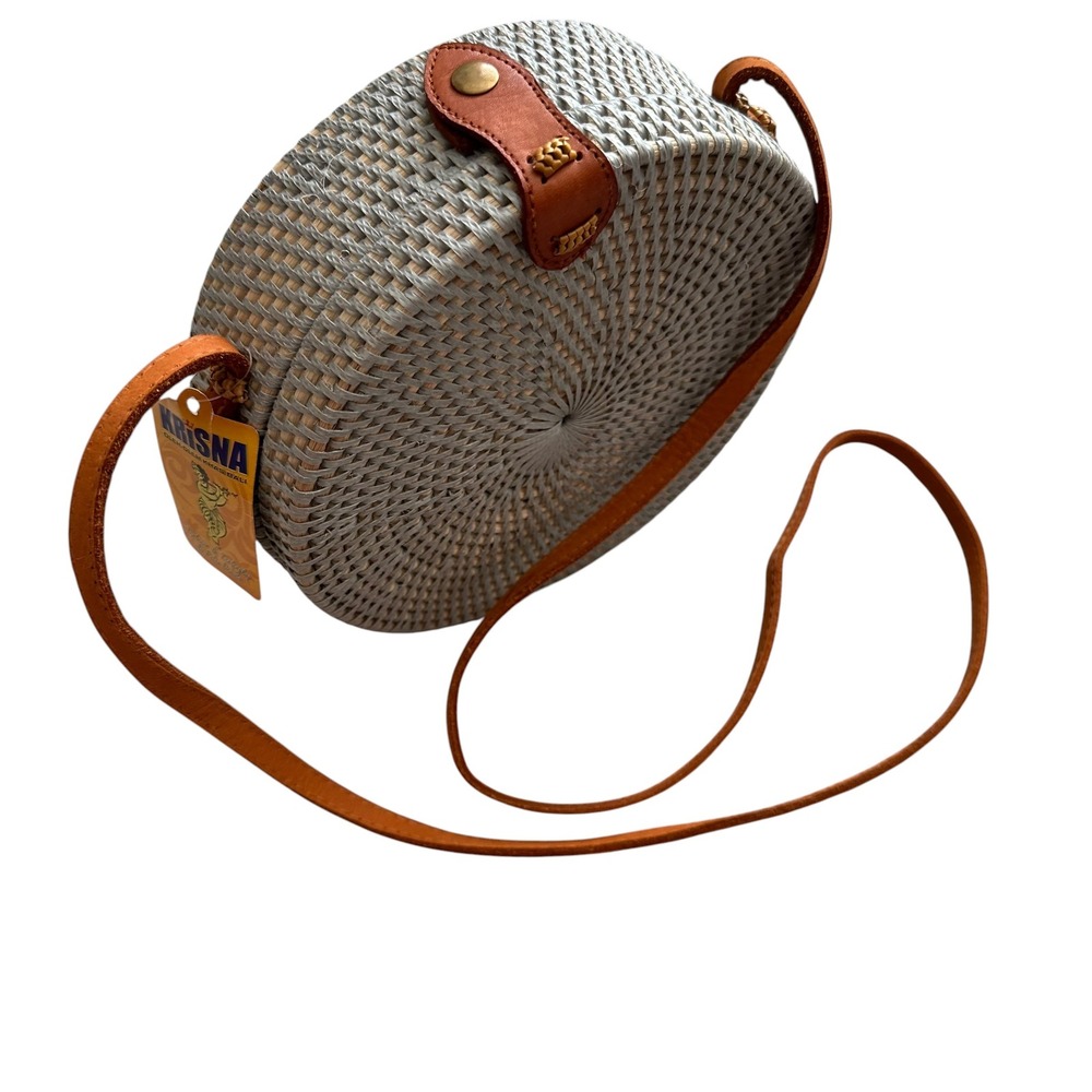 Boho Krisna Bali Round Woven Rattan Crossbody Bag Grey Leather Strap